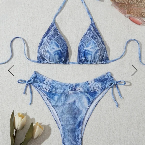 Denim Jean Look Triangle String, Lace up sides Bikini Large - Picture 2 of 10